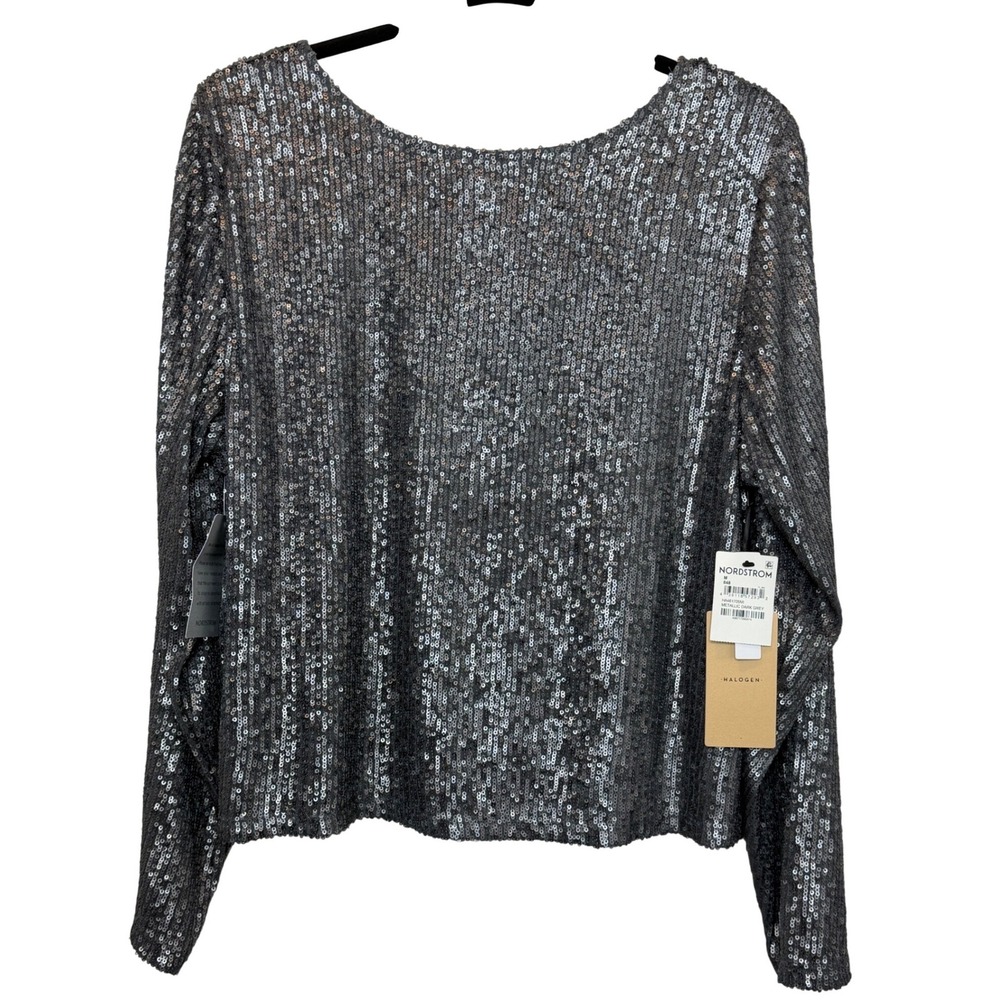 Halogen Womens Metallic Dark Grey Sequin Long Sleeve Scoop Neck Top Size M NWT